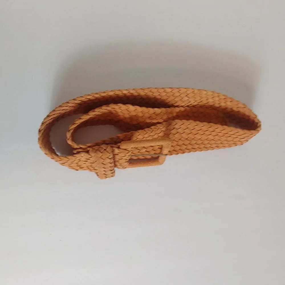 Vintage 70's 80's Leather Woven Belt Western Weave Boho Orange Brown‎